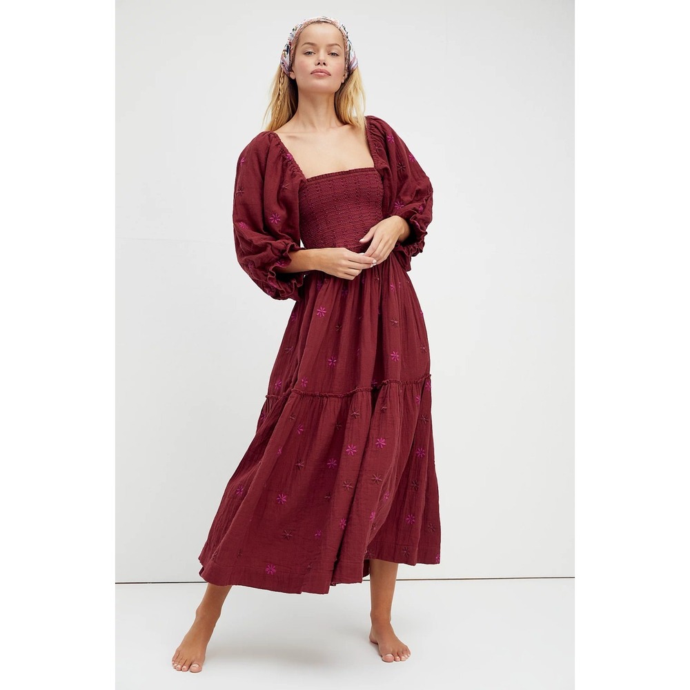 Free People Dahlia Womens XS Burgundy Road Embroidered Smocked Maxi Dress